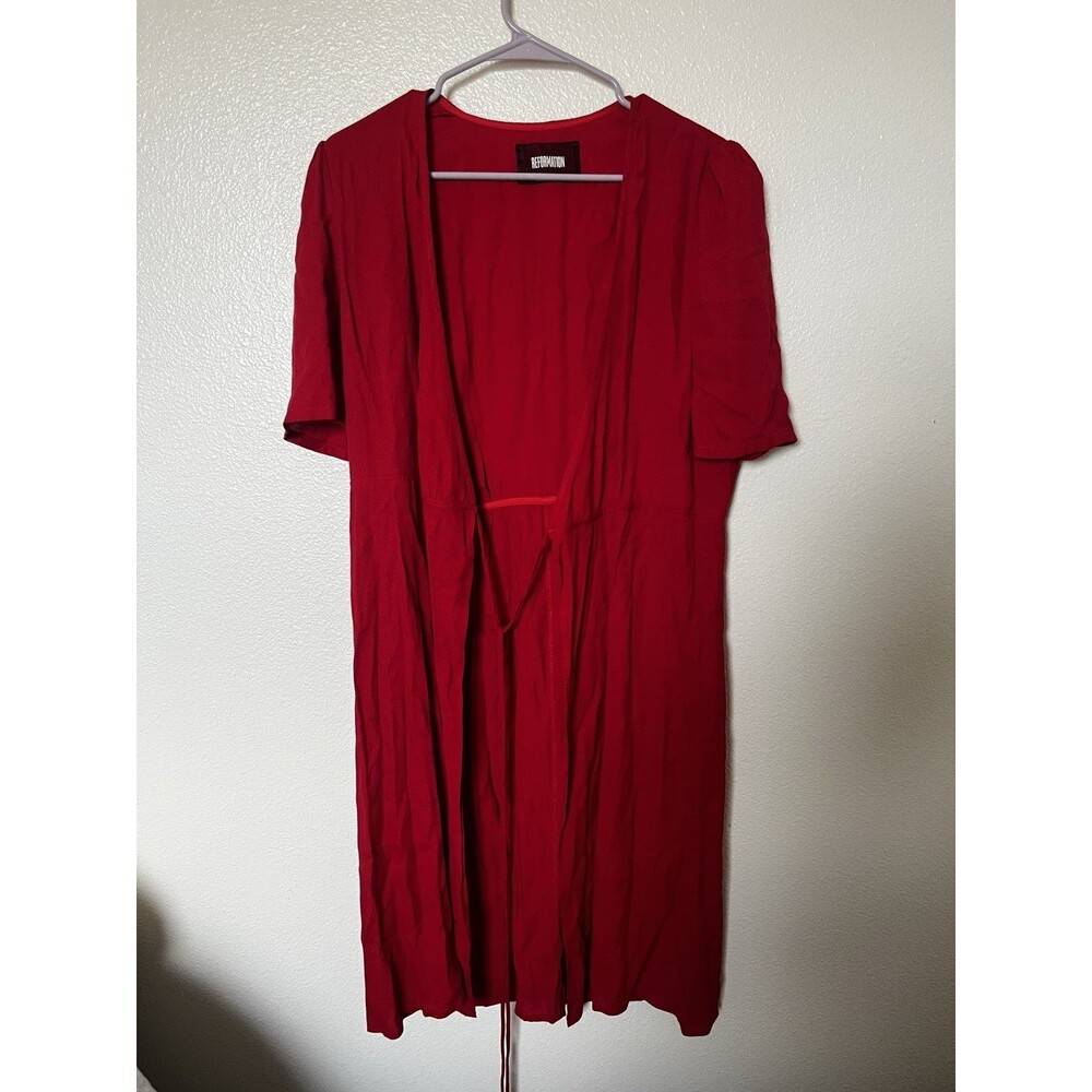Reformation Red Midi Dress Size L Viscose Rayon Short Sleeve Tie Waist